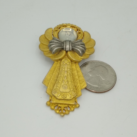 Jac Win Design Gold Tone Angel Bow Brooch Pendant w Pearl Accent Signed Vintage - Picture 11 of 11